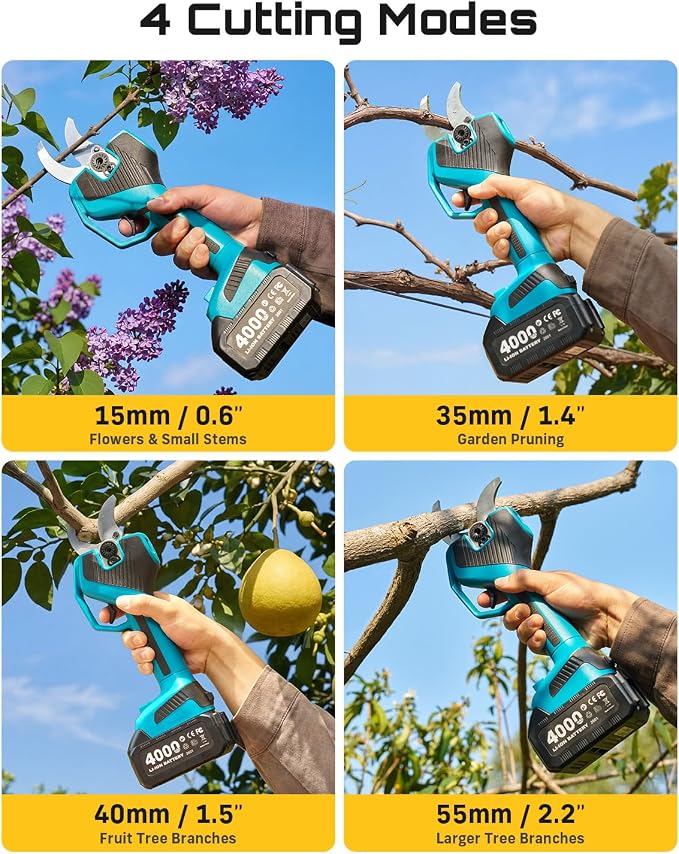 SEESII Electric Pruning Shears Cordless: 2.2" Cutting Diameter Power Cordless Pruner, 2*4000mAh Batteries, Brushless Motor, Extra SK5 Blade, 4 Modes Adjustable Garden Shears for Tree Flower Trimming