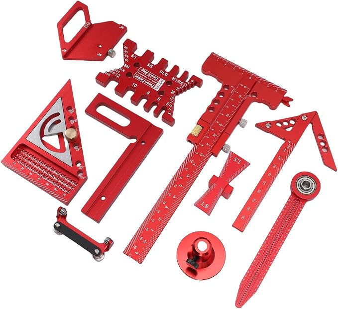 Woodworking Ruler Set, 9Pcs Aluminum Alloy Geometry Set Precision Measuring Tools for Accurate Layout Includes T Square Ruler, Compasses, Protractor, and Dovetail with