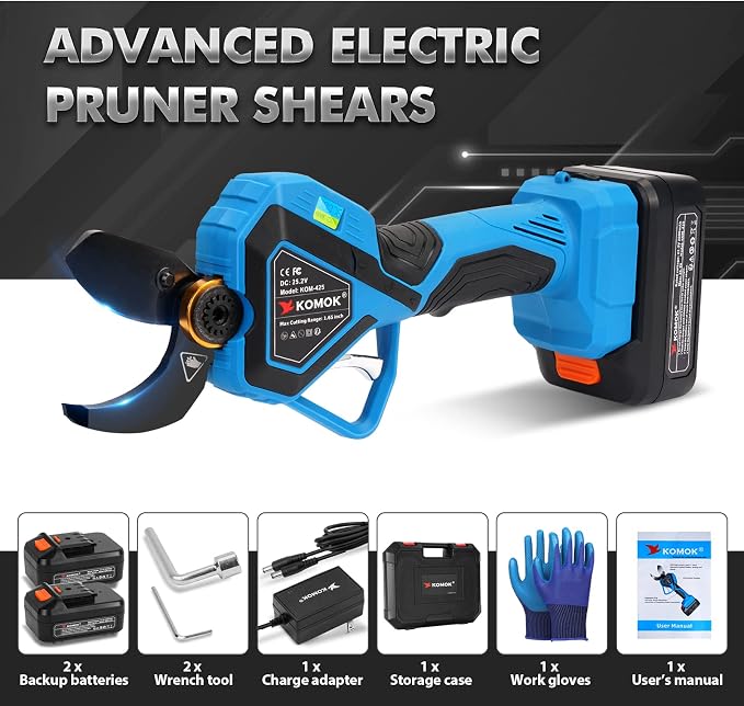 KOMOK Professional Cordless Electric Pruning Shears Secateurs, Smart Garden Orchard Tools 2 Rechargeable 2Ah Battery Tree Branch Pruner with Power Display 42mm/1.65", 8-10 Working Hours