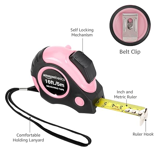 Amazon Basics Retractable Tape Measure with Metric and SAE Measurements, 16ft/5m, Belt Clip, Readable, Pink