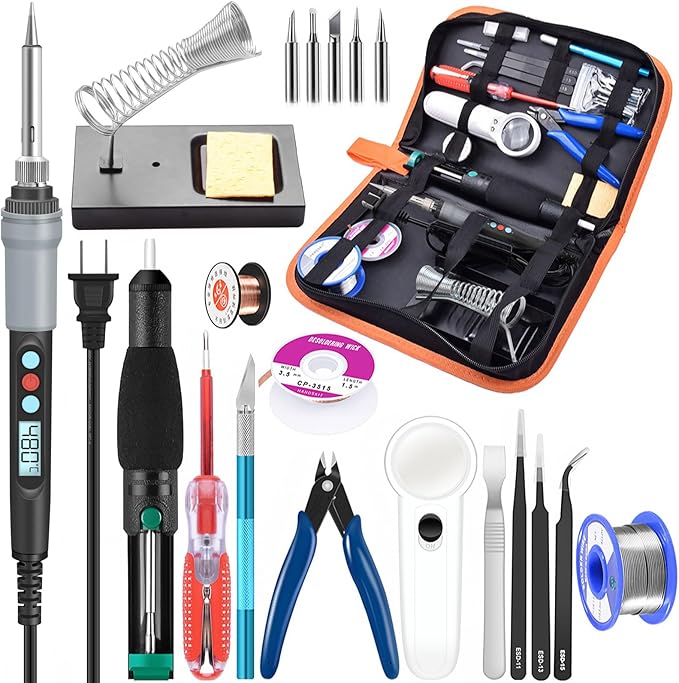 Soldering Iron Kit Electronics, 21-in-1, 90W Adjustable Temperature Soldering Iron, 5pcs Soldering Iron Tips, Soldering Iron Stand, Desoldering Pump, Magnifier, Solder Wire, Tweezer, PU Carry Bag