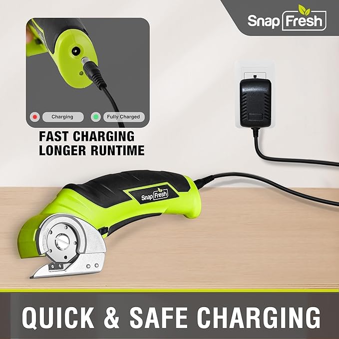 SnapFresh Cordless Electric Scissors, 4V Electric Mini Box Cutter, Carpet & Cardboard Cutter Tool with a Replacement Blade/Charger, Rotary Cutter for Cardboard Packages Leather Plastic （Green）