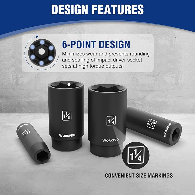 WORKPRO 20-Piece 1/2＂ Drive Deep Impact Socket Set, SAE | 6-Point, Cr-V Steel, 3/8"-1-1/4" Sizes, Universal Joint, Adapter, Extension Bar, Automotive Repair, Mechanical Work