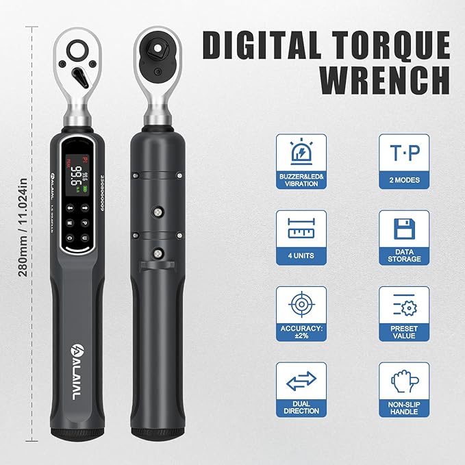Digital Torque Wrench 3/8 Drive, 1.5-99.6 ft-lb ±2% Accuracy | LED Display, Buzzer&Vibration Alert, 2 Modes, 10 Presets&500 Data Logs, for Lug Nuts, Automotive, Motorcycle Repair