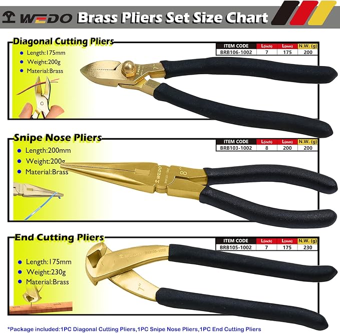 WEDO Brass Pliers Set with Non-Slip Handle - 8" Snipe Nose, 7" End Cutting, 7" Diagonal