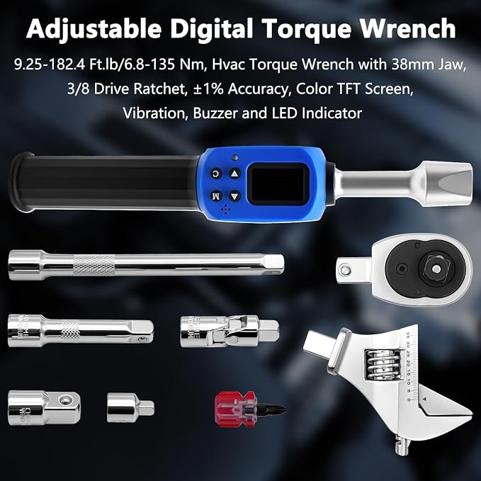 Adjustable Digital Torque Wrench, Hvac Torque Wrench 5-99.6Ft-lbs/6.8-135Nm | With 38 mm Adjustable Jaw, 3/8 Drive Ratchet, ±1% Accuracy, Color TFT Screen, Vibration, Buzzer and LED Indicator