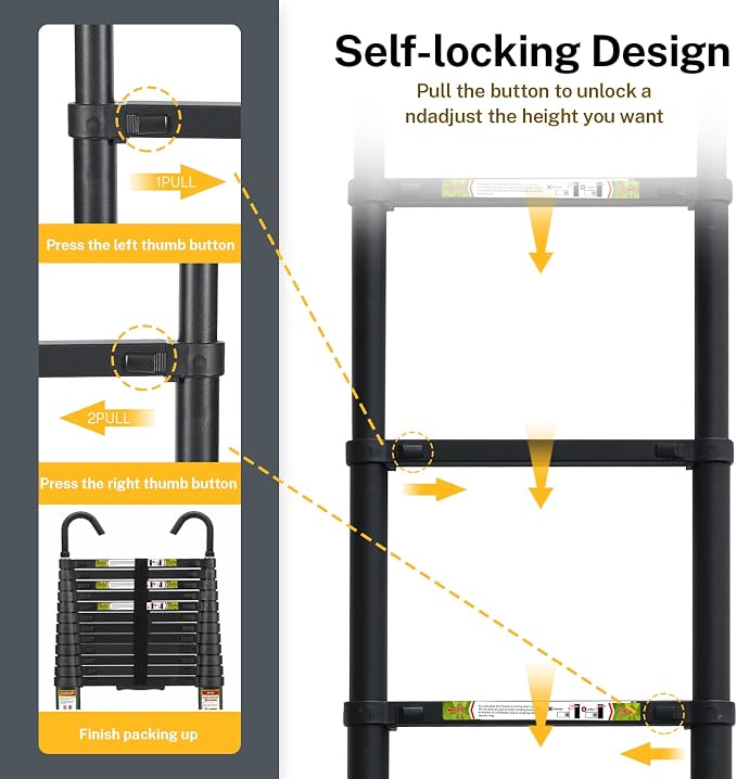 RIKADE Telescopic Ladder, 12.5 ft Aluminum Telescoping Ladder with Non-Slip Feet and Stable Hook, Portable Extension Ladder for Household and Outdoor Working, Max Load 330 lb, Black