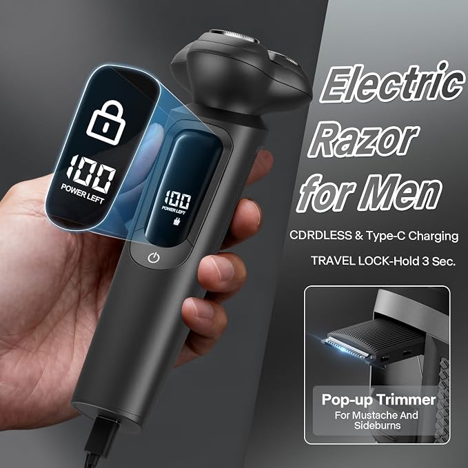 Electric Razor for Men, 3D Flex Blades with Pop-Up Trimmer, IPX8 Waterproof, Type-C Quick Charge, LED Display, Travel Lock, Wet & Dry Shave, Asphalt Black, Gifts for Men Husband Father