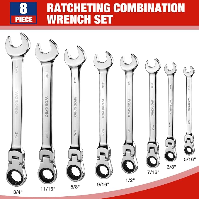 WORKPRO 8-piece Ratcheting Combination Wrench Set, SAE & Polished | SAE 5/16-3/4", 180° Flex-Head, 72-Tooth Ratchet, Cr-V Steel, Roll Up Pouch for Auto Repair & Home DIY
