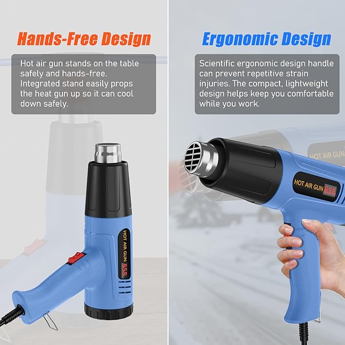 Digital Heat Gun, 110V Adjustable Hot Air Gun with 4 Nozzles, Side LCD Display, Rear Rotating Temp Control, 50-650℃（122-1202℉),Overload Protection, 4.9FT Cord Portable Heat Gun for Crafts, Shrink Wrap