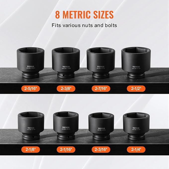 VEVOR Axle Nut Impact Socket Set - 3/4" Drive 6-Point 8-Piece SAE Spindle Nut Socket CR-MO Heat Treated Large Socket Set with Storage Case for Auto Repair, Removing or Installing Axle Nuts