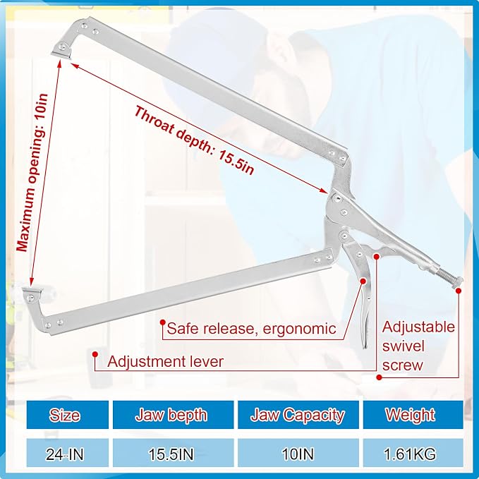 Yexiya 4 Pcs 24 Inch C Clamps Locking Pliers Welding Table Clamps Heavy Duty Locking Pliers Large Opening Adjustable with Grip Swivel Pads Alloy Steel for Woodworking Repair Home Auto Workshop
