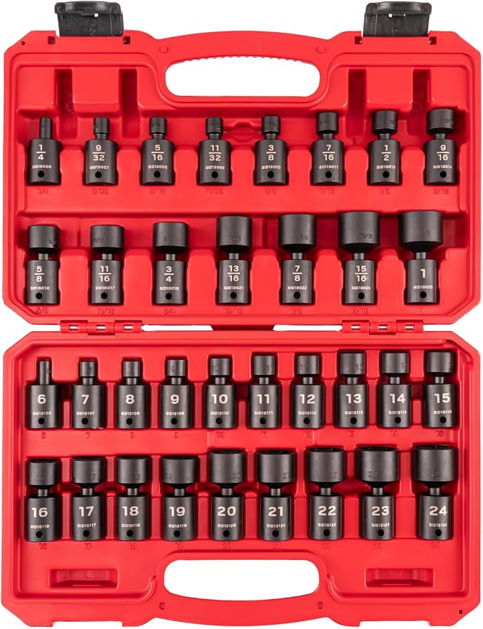 TEKTON 3/8 Inch Drive Universal Joint Impact Socket Set | SID97303 | 34-Piece, (1/4 - 1 in., 6 - 24 mm), Shallow, 6-Point
