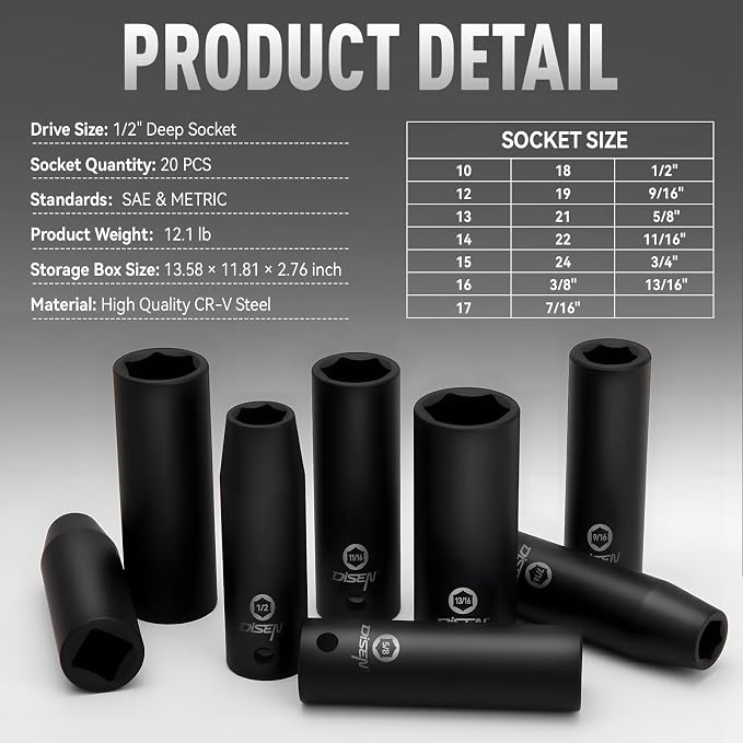 DISEN 20PCS 1/2" Impact Socket Set | Deep Sockets SAE 13/16"-3/8" & Metric 10-24mm, 6-Point Cr-V & Alloy Steel, Rugged Construction, Enhanced Storage Case