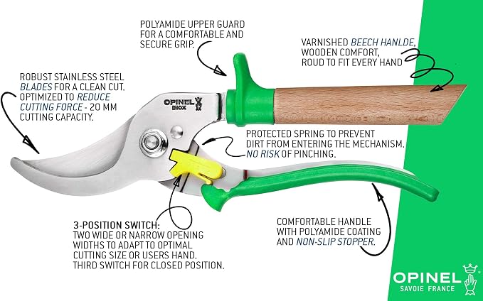Opinel Hand Pruning Shears with non-slip beech wood handle perfect for bypass trimmers, garden, hedge, lawn clippers or hand scissors with stainless steel blade (Blue)