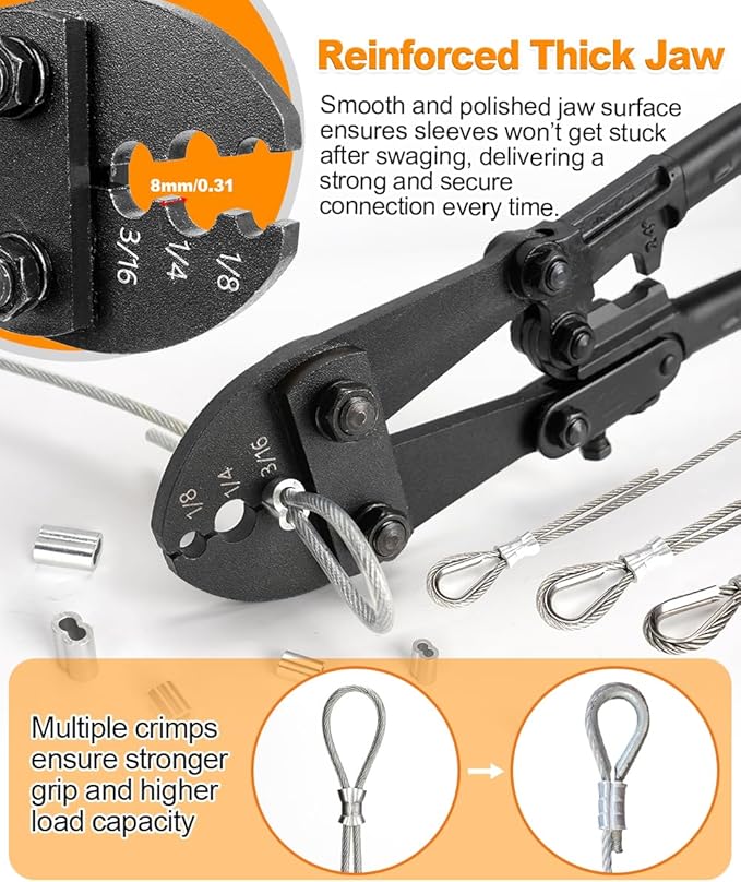 TooTaci 24 Inch Hand Swaging Tool, Wire Rope Crimping Tool for 1/8" 3/16" 1/4" Wire Cable, Heavy Duty Cable Long Hand Swager Crimper for Copper and Aluminum Oval Sleeves and Stop Sleeves