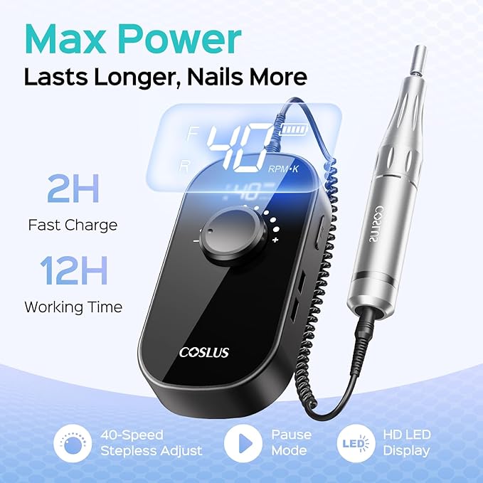 COSLUS E51 Professional Electric Nail Drill, 40000 RPM Portable Rechargeable Nail File with Storage Stand for Acrylic Gel Polishing Removing - Easy to Use for Women, Manicure at Home or Salon, Black