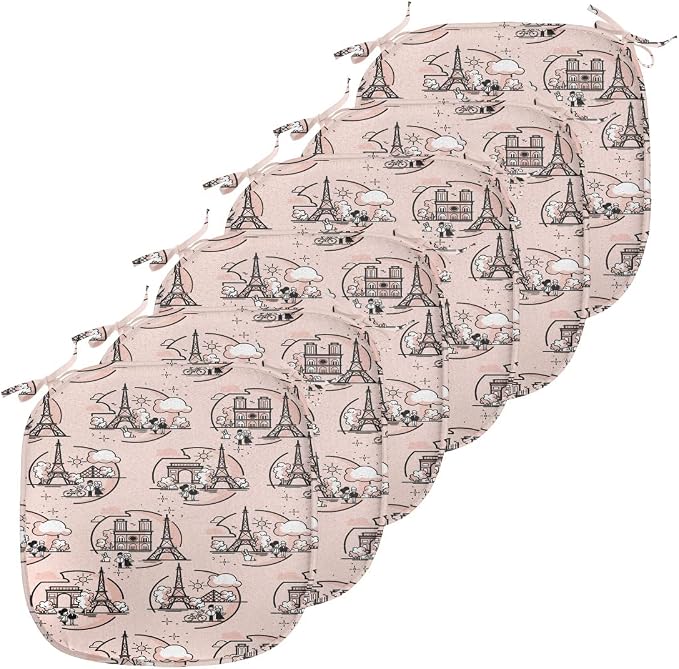 Lunarable Notre Dame Chair Seating Cushion Set of 6, Doodle Drawings of The Eiffel Tower Paris and a Couple, Anti-Slip Seat Padding for Kitchen & Patio, 16"x16", Blush Charcoal Grey