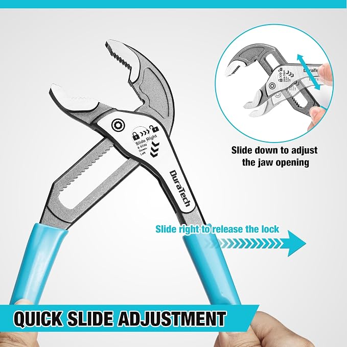 DURATECH 2-Piece Water Pump Pliers Set(8" & 10"), Quick-Adjust Groove Joint Pliers with Slide-to-Unlock Mechanism, V-Jaw Design, CR-V Steel, for Plumbing, Automotive, and Household Repairs