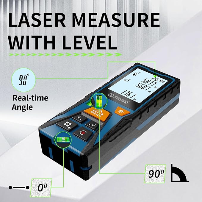 Laser Distance Meter Digital Laser Measuring Tool with LCD Backlit Display, Area Volume Pythagorean, ±2mm Accuracy, Class II, Electronic Tape Measure for DIY Construction – AAA Battery Powered
