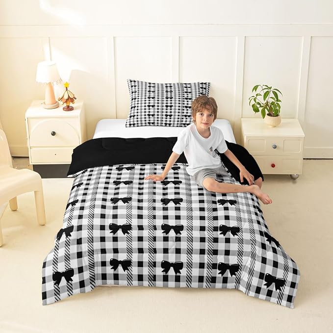 Feelyou Bow Checkered Comforter Set Toddler Size Chic Grid Bowknot Bedding Set for Kids Boys Girls Girly Black Duvet Quilt Bedroom Decor Microfiber 2 Pcs with 1 Pillow Cases