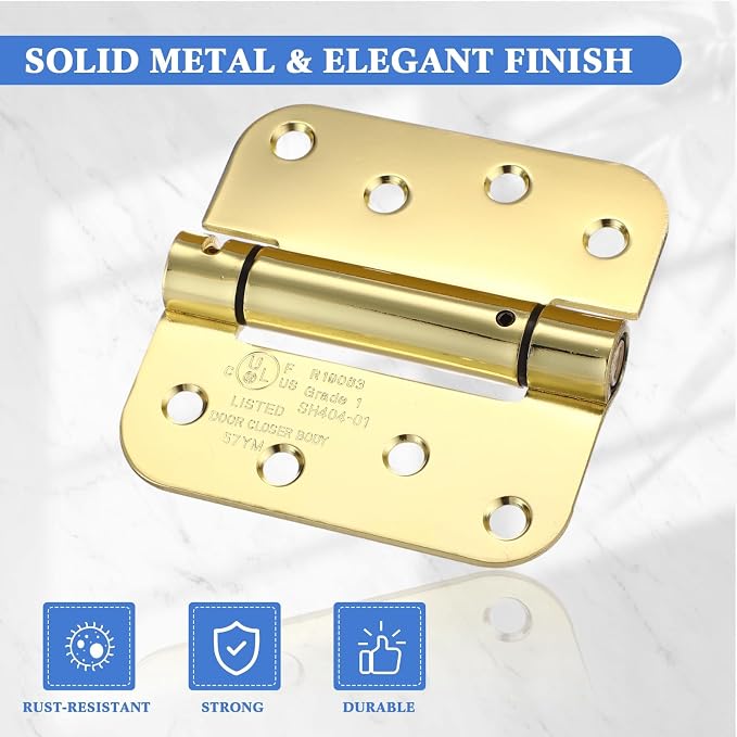 Yaocom 10 Pcs Self Closing Door Hinge 3.5'' Spring Loaded Hinges Automatic Door Closer Hinge Adjustable Tension for Garage, 5/8'' Radius Corners(Gold,4'')