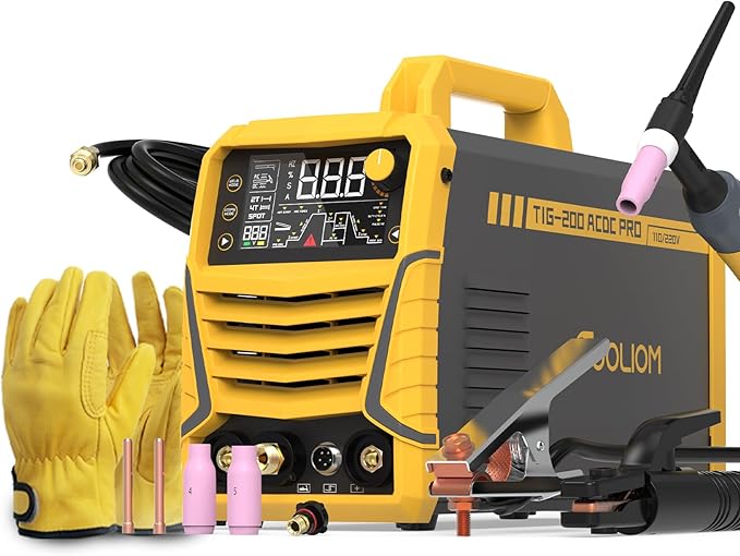 TOOLIOM 200A AC/DC TIG Welder with Pulse, Dual Voltage 110V/220V, Aluminum Welder with IGBT Inverter, Large LED Display, AC TIG/DC TIG/Pulse TIG/SPOT TIG/Stick Multiprocess Welding Machine