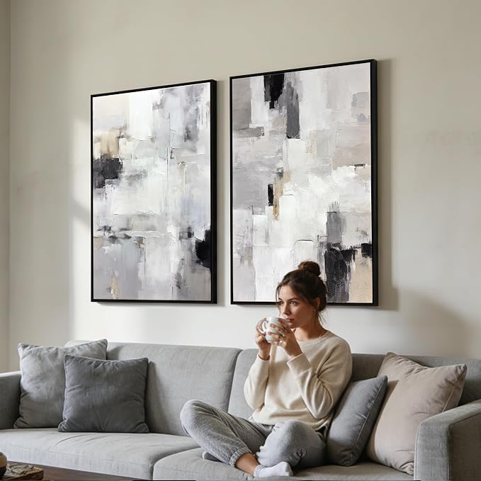 Zessonic Neutral Abstract Wall Art, Large Modern Textured Framed Canvas Wall Decor, Minimalist Prints Paintings, Black White Grey Artwork Pictures for Home, Living Room, Office, 24"x36"x2