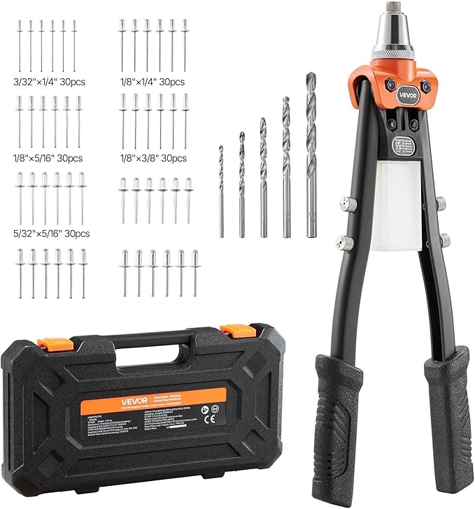 VEVOR Pop Rivet Gun Kit, with 230 Blind Rivets, Two-Handed Riveter with 5 Interchangeable Nosepieces, 5 Drill Bits, and a Carrying Case, Manual Riveting Tool for Metal, Automotive, Home, and DIY