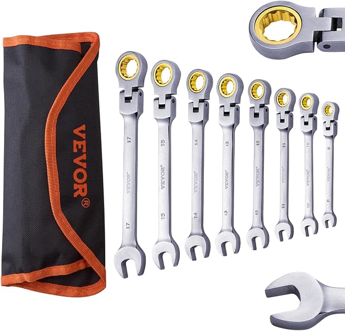 VEVOR Flex-Head Ratcheting Wrench Set, Nickel Plating, 8-piece Flexible Ratcheting Combination Wrench Set with Roll-up Pouch, CR-V, 72 Teeth, Metric 8-17mm
