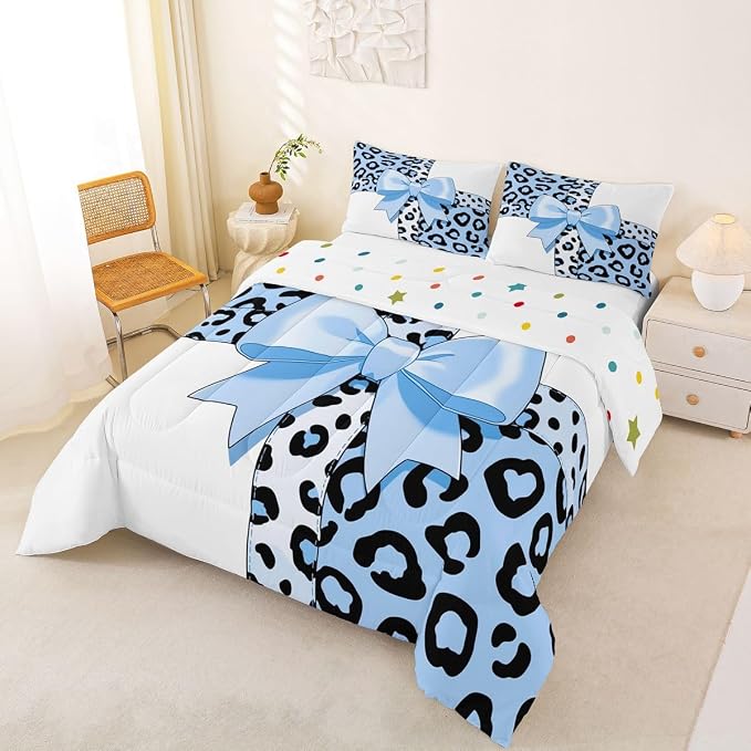 Feelyou Leopard Print Kids Comforter Set Full Size Blue Leopard Bow Bedding Set Animal Fur Duvet Quilt for Kids Boys Girls Bedroom Decor Microfiber Ultra Soft Breathable