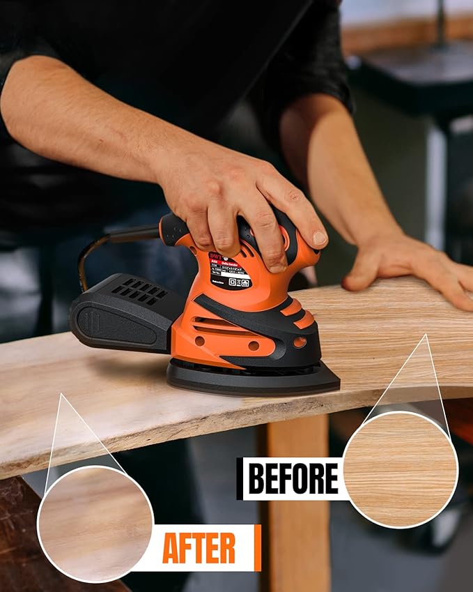 DWT Detail Sander, 1.5A 15000 OPM Electric Sander with 24pcs Sandpapers, Efficient Dust Collection System & Detail Finger Attachment, Soft Grip Handle, Compact Hand Sander for Woodworking