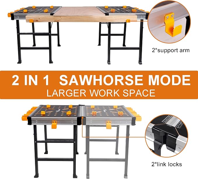 WORKESS Portable Workbench 1000Lbs Capacity Heavy Duty Folding Work Table with 2 Quick Clamps, 4 Bench Dogs, 3 Tool Boxes for Garage Easy Storage