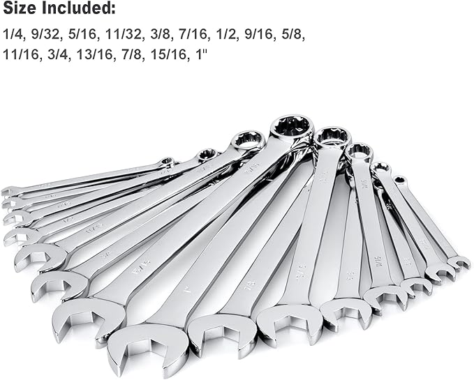 Max Torque 15-Piece Premium Combination Wrench Set, Complete SAE Inch Sizes from 1/4” to 1” with Rack Organizer | Cr-V Steel, Mirror Chrome Finish, Long Pattern, V-Groove Open End and 12-Point Box End