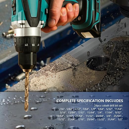 Cobalt Drill Bit Set - 29Pcs M35 HSS Twist Drill Bits for Hardened Metals, Stainless Steel, Cast Iron and Wooden Plastics with Metal Index Storage Box, 1/16"-1/2"