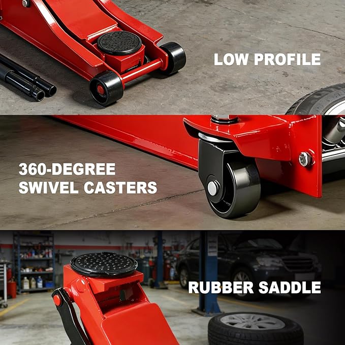 Jack Boss 3 Ton Floor Jack, 6600LBS Capacity Hydraulic Car Jack, Low Profile Portable Jack with Dual Pumps, Quickly Lift Steel Service Jack, Lifting Range 3-1/8" Min to 20" Max Red