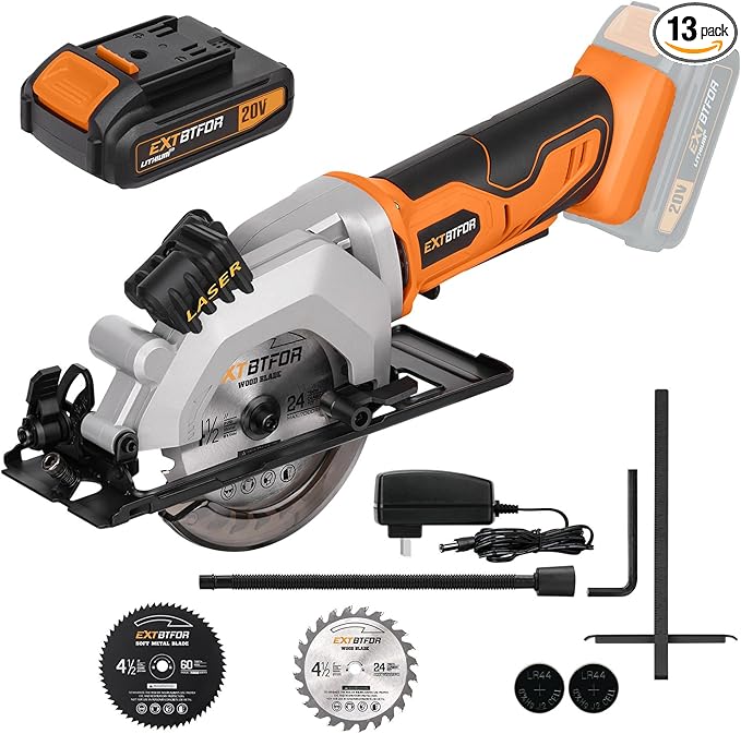 Circular Saw,4-1/2" Mini Circular Saw Cordless with 2.0A Battery, Power Saw with Laser Guide, 3400RPM, Maximum Cutting 1-11/16" at 90° and 1-1/8"at 45° for Wood, Soft Metal, Plastic