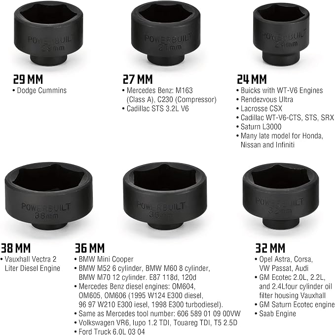 Powerbuilt 6 Piece Low Profile Oil Filter Socket Set, 3/8" Drive 24mm 27mm 29mm 32mm 36mm 38mm Oil Filter Wrench Set, for Mercedes Benz, VW, BMW, GM, Opel, Dodge - 641326