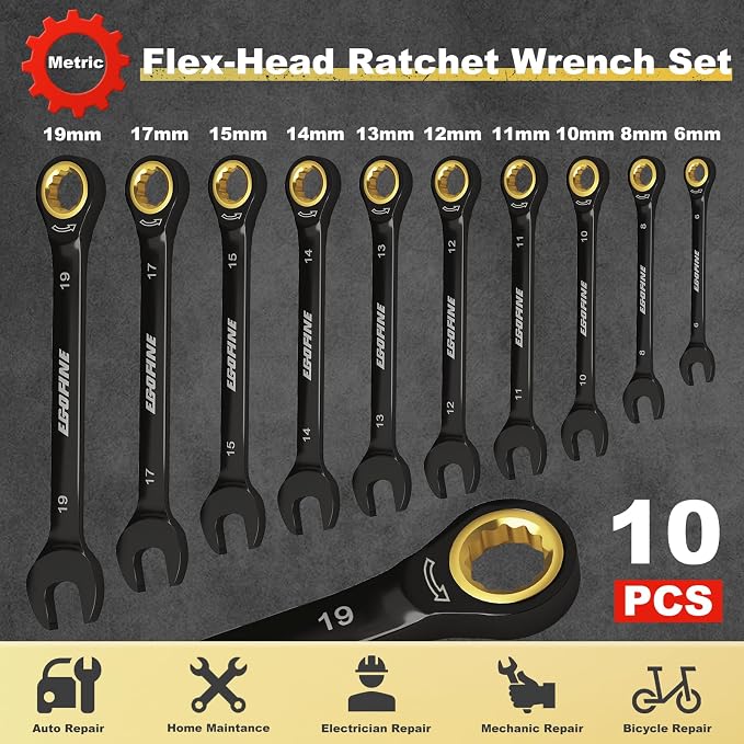 Egofine Ratcheting Wrench Set 10 Piece, Metric Wrench Set, CR-V Steel 6-19mm Wrench, 72-Teeth Combination wrench set, Black Electrophoretic Coating Ratchet Wrenches Set with Tool Roll Bag