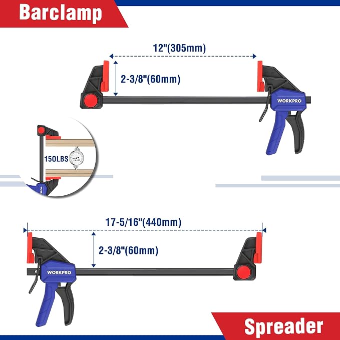 WORKPRO 10-Pack Clamps for Woodworking, 12" & 6" Bar Clamps, 2 Quick-Release Ratcheting Wood Clamps and 4 Spring Clamps, Light Duty F Clamps/Spreader 150 LBS Load Limit