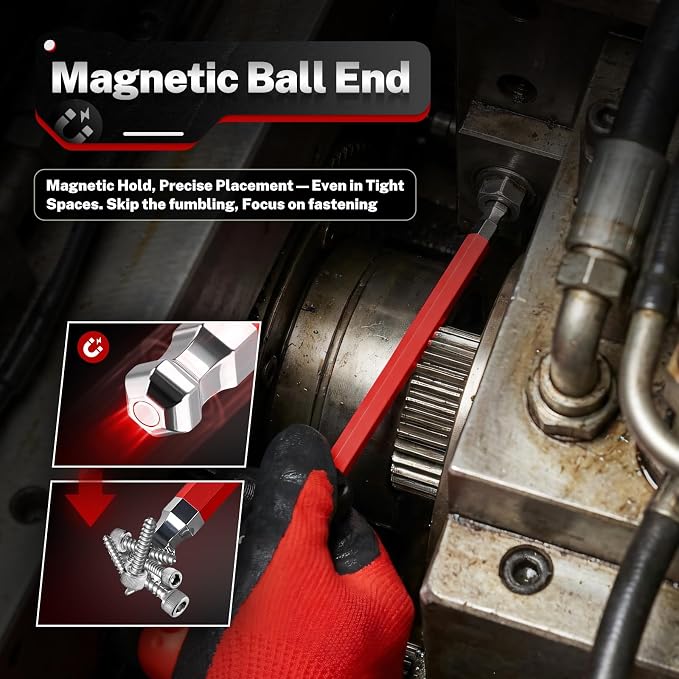 TOMMARS 18-PC Magnetic Ball End Allen Wrench Set, Extra Long & Color Coded | Extra Long Arm, Color Coded, S2 Steel, SAE(1/16"-3/8"), Metric(1.5mm-10mm), Including Bits & Adapter