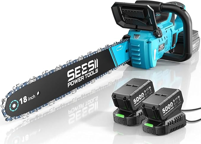 SEESII 40V 18-Inch Electric Chainsaw Cordless with 2 x 5.0Ah Batteries | 2200W Brushless Battery Powered Chain Saw with 2 ×Chargers, Tool-free Tension, Auto-Oiling for Tree Felling and Wood Cutting