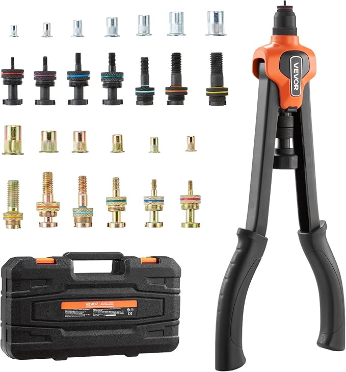 VEVOR Rivet Nut Tool Kit, 17-Inch Rivnut Tool Kit, with 13 Mandrels and 130 Nuts, Metric and SAE Size M3, M4, M5, M6, M8, M10, M12, 1/2-13, 8-32, 10-24, 1/4-20, 5/16-18, 3/8-16 UNC, a Carrying Case