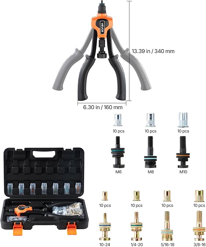 VEVOR Rivet Nut Tool Kit, 14-Inch Two-Handed Rivnut Tool Kit, with 7 Mandrels and 70 Nuts, Metric and SAE Size M6, M8, M10, 10-24, 1/4-20, 5/16-18, 3/8-16 UNC, with a Carrying Case, for Home, Auto
