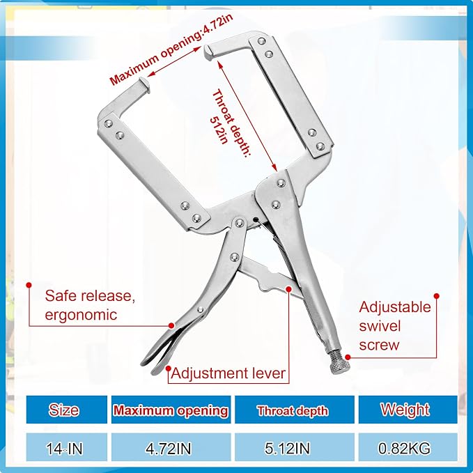 Yexiya 4 Pcs 14 Inch Locking C Clamp Original Lock Regular Tips Plain adjustable Alloy Steel Locking C Clamp for Woodworking Carpentry Welding Electrical Equipment, Silver