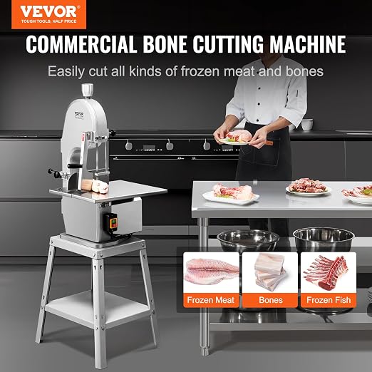 VEVOR Electric Meat Saw, 1800W Stainless Vertical Cutter, 19.1"x15" Workbench, 7.09" Cutting Thickness, Includes 5 Blades for Slicing Frozen Meat, Pork, Beef, and Ribs