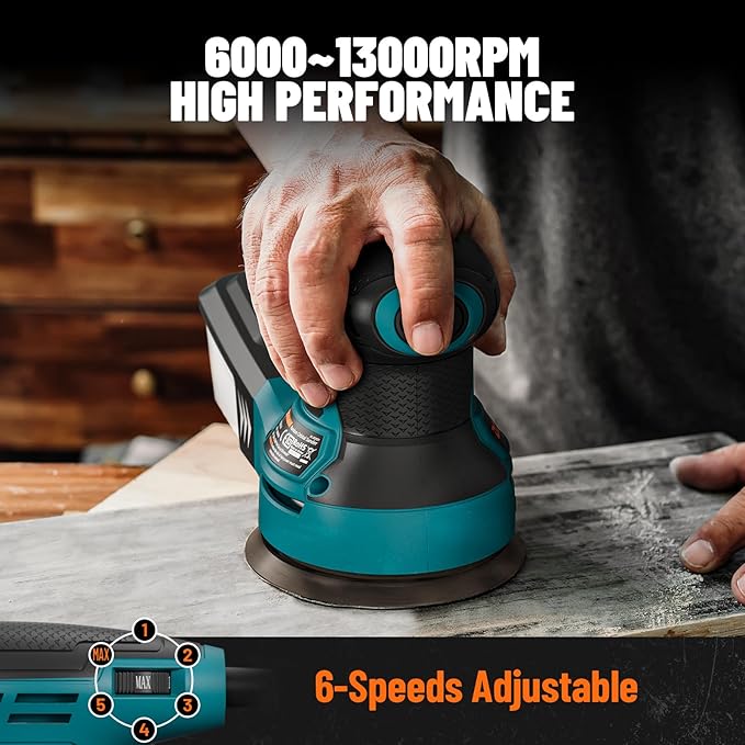 DOVAMAN ROS01A Orbital Sander, 3A Random Orbit Sander, 6 Variable Speeds, Up to 13000 rpm, 12pcs Sandpapers, 5in Sanding Pad, Dust Collection, Electric Sanders Perfect for Woodworking