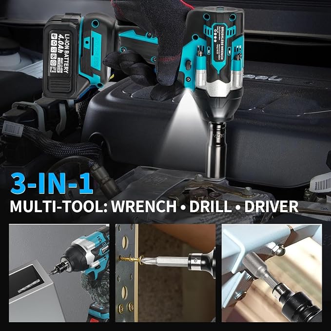 Cordless Impact Wrench, 1180Ft-lbs (1600N.m) Impact Driver – 1/2 Inch 3-in-1 Impact Gun, 21V High Torque 2500RPM Impact Drill with 2 x 4.0Ah Battery, Brushless Impact Wrench Set for Car/Truck/Mower