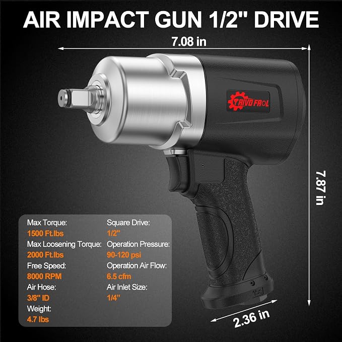 Trivd Frol Air Impact Wrench - 1/2 Inch Air Impact Gun | Max Torque 1500 Ft-lbs, 8000 RPM Speed, Weight 4.74 lb, 1/2" Impact Wrench Gun for Auto Repair, Tire Shop