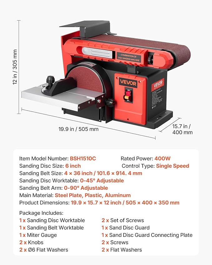 VEVOR 6" Disc Sander & 4" x 36" Belt Sander, 400W Professional Belt Disc Sanders Combo with 0-45° Adjustable Worktable & Dust Collection Port for Woodworking, Knife Sharpening, DIY Crafting